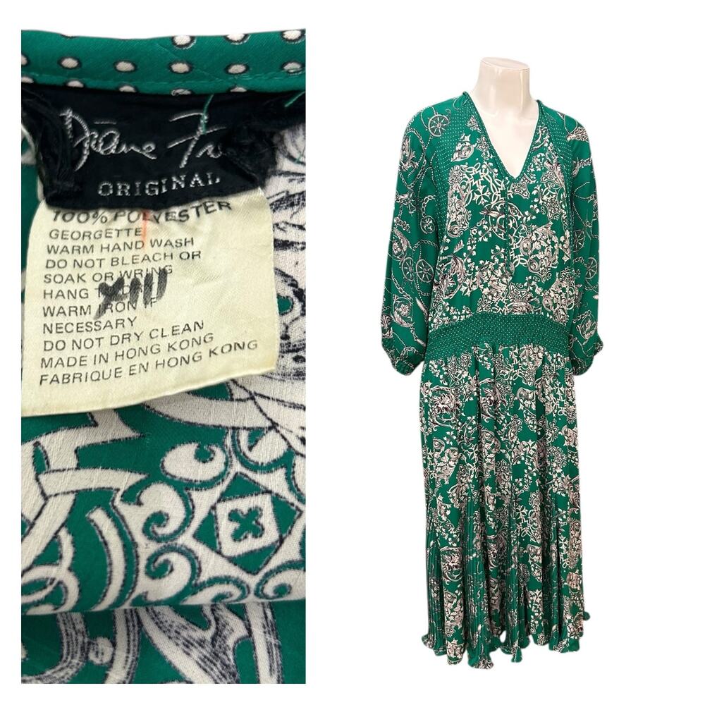 Vintage 1980s Diane Freis Green Midi Dress Nautical Baroque Print / L/XL ^